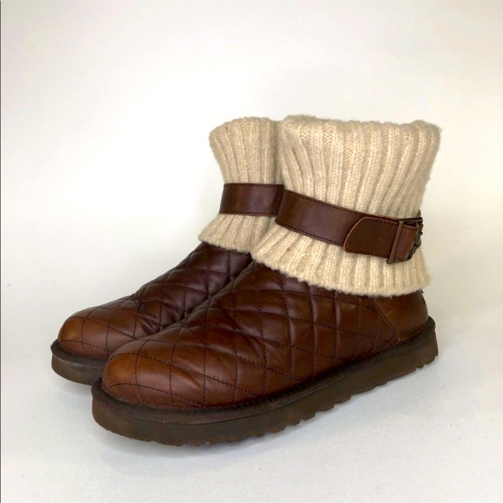 EUC- Ugg Australia Cambridge Brown Quilted Leather Sweater Knit Boots Women's